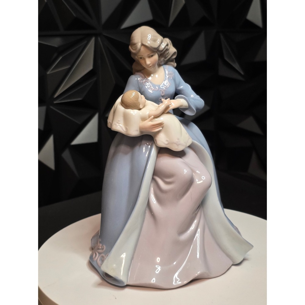 Porcelain Mother and Child Figurine Blue Gown Holding Baby Statue 9.5 Inch
